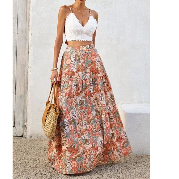 Boho Floral Print Crochet Back Tie Cami Crop Top maxi Skirt Set - Picture 2 of 6